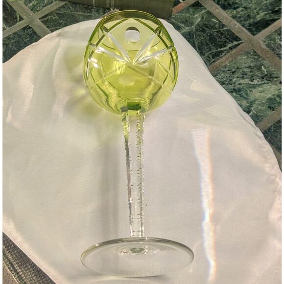 Blue & Green Vintage Bohemian Crystal Cut to Clear Unique Stem Wine Glass Pair - Picture 6 of 8